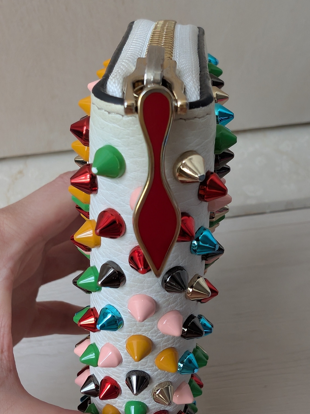 Christian Louboutin White Leather Panetone Multicolor Spikes Zip-Around Wallet - Picture 3 of 14
